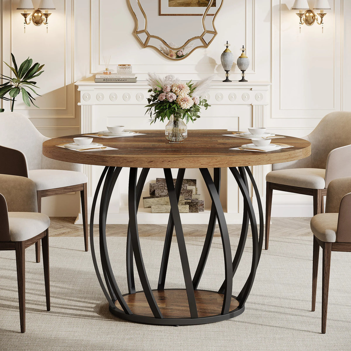 Tribesigns Round Wood Dining Kitchen Table with Sturdy Metal Base