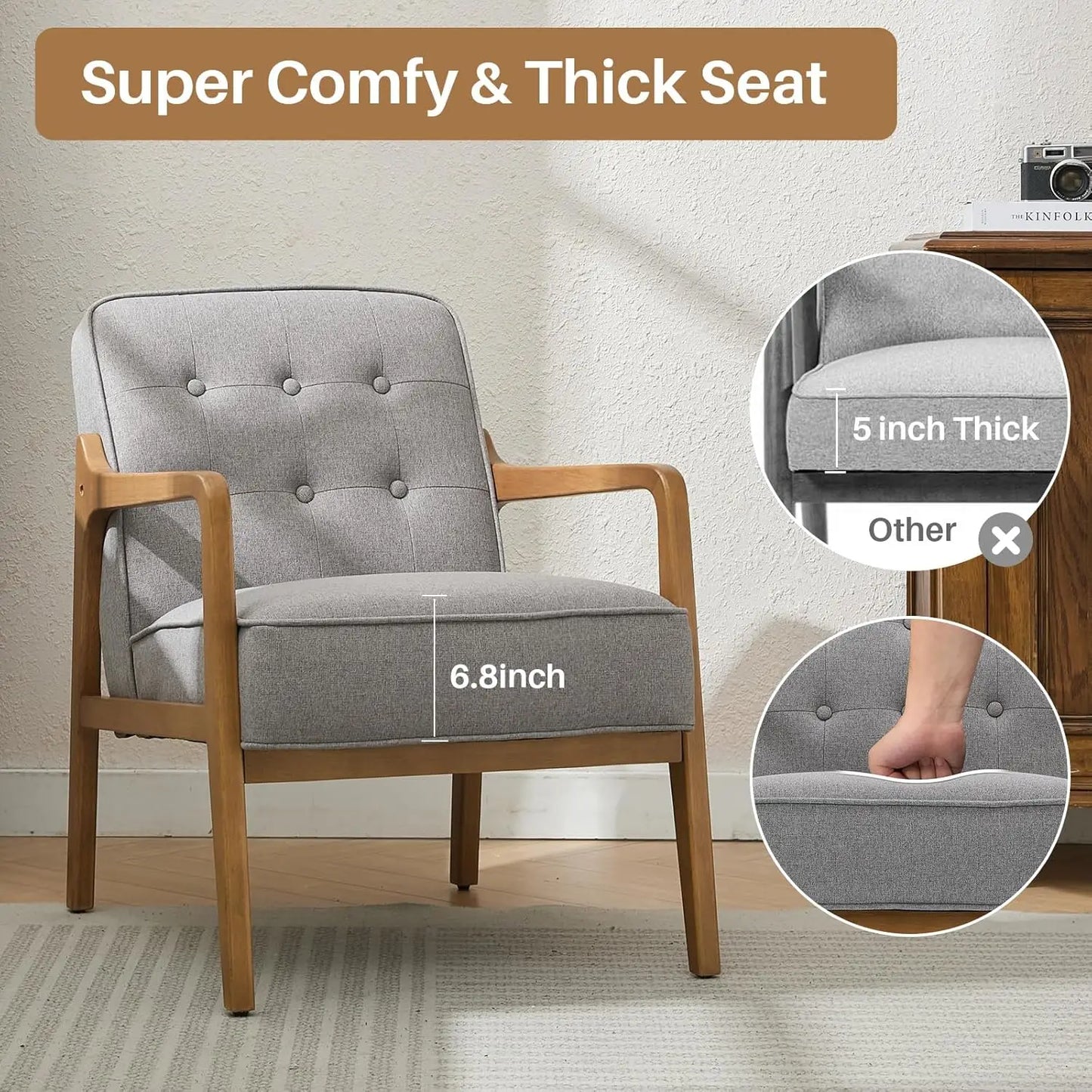Linen Accent Chair, Mid Century Modern Chair for Living Room, Upholstered Comfy Lounge Armchair with Solid Wood, Customized