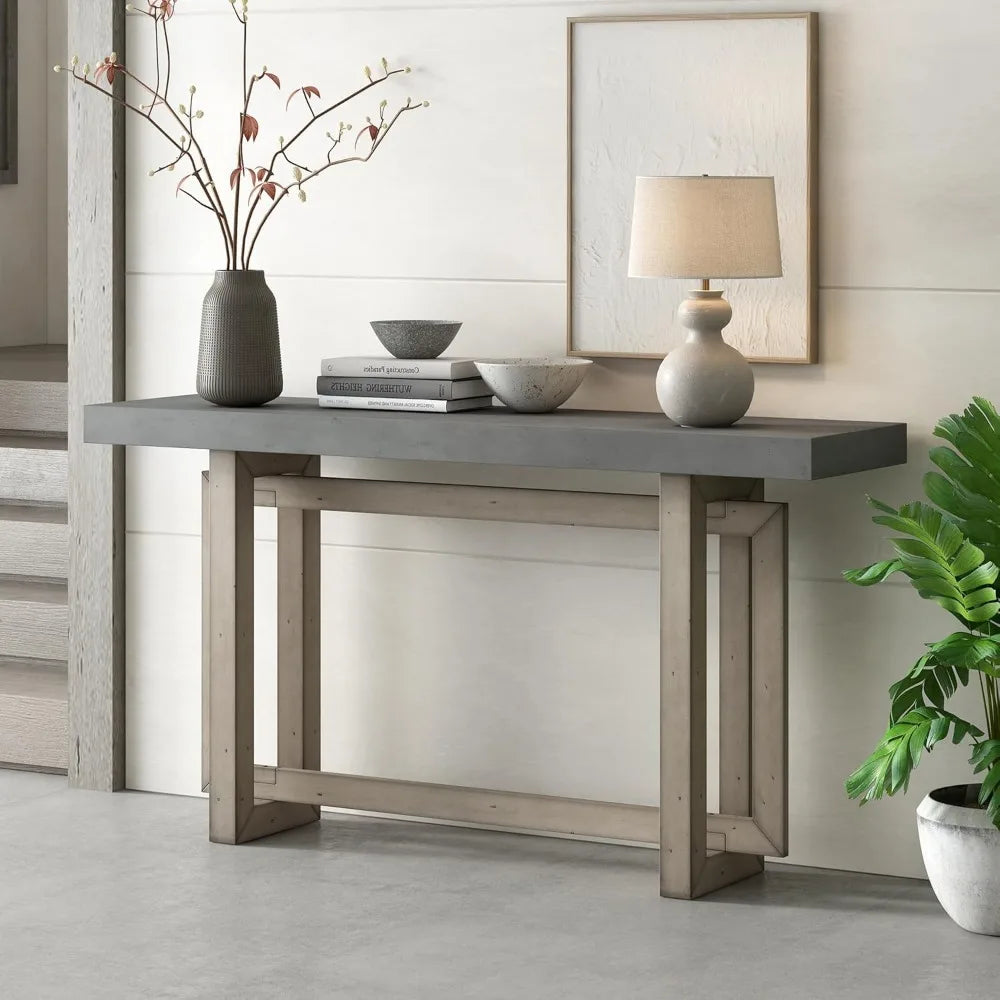 Contemporary Console Table with Industrial-Inspired Concrete Wood Top, Minimalist Rectangular Entryway Table for Hallway