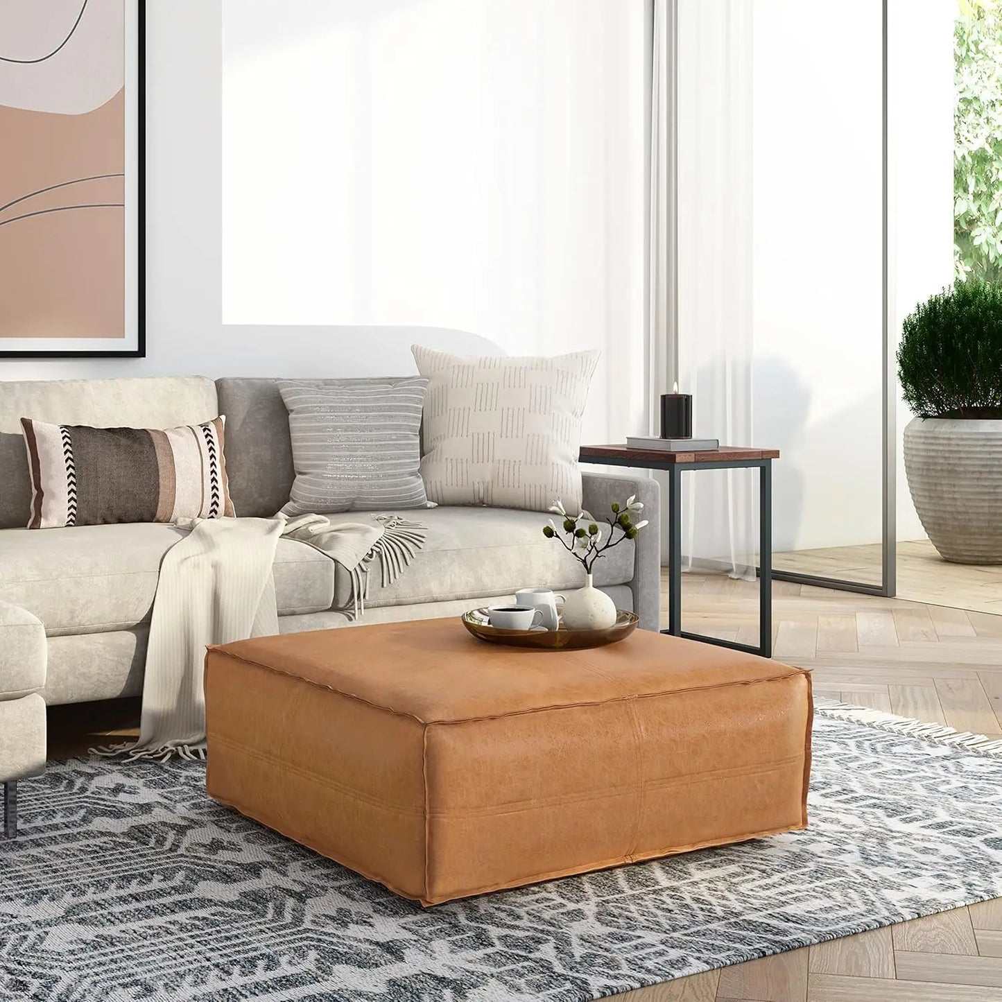 Extra Large Upholstered Vegan Leather Ottoman Pouf 36 inch Wide Square Footstool Coffee Table Living Room Seating, Customized