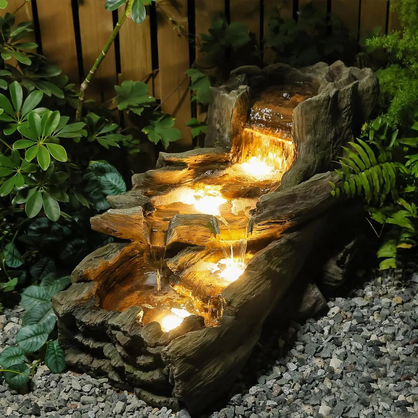 5-Tier Tree Trunk Outdoor Water Fountain LED Garden Decor