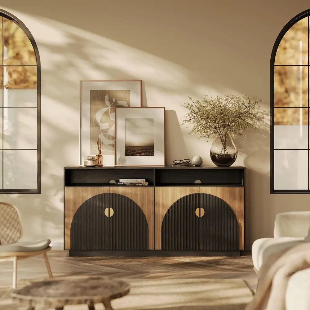 Fluted TV Stand With Storage Cabinets And Open Shelves