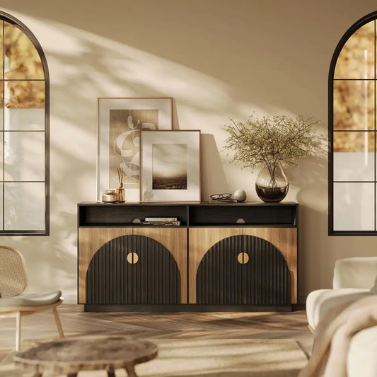 Fluted TV Stand With Storage Cabinets And Open Shelves