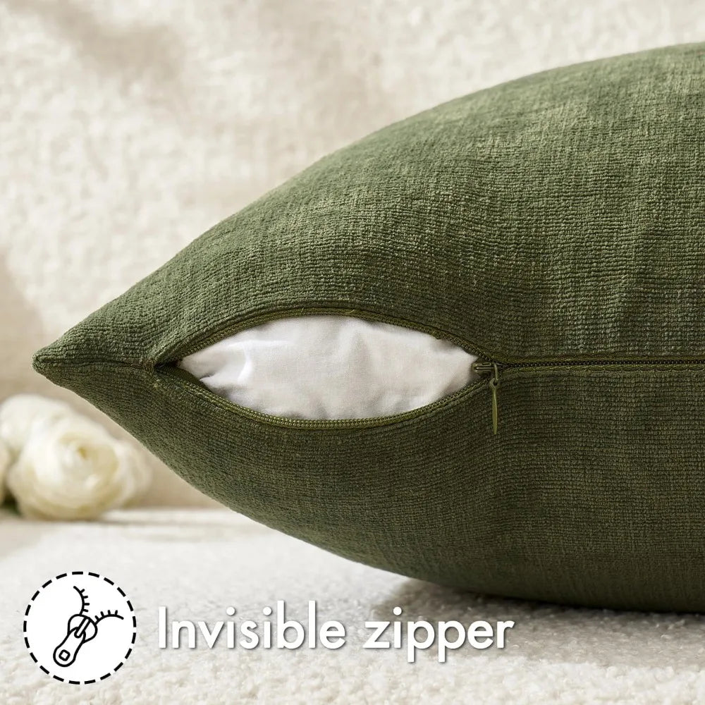 Olive Green Chenille Throw Pillow Covers 18x18 Set of 2 Soft Decorative for Sofa Living Room Bedroom