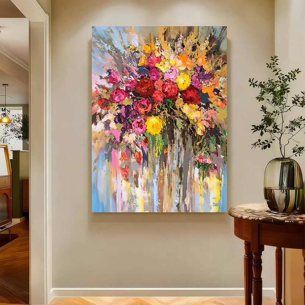 Framed Flat,1pc Canvas Painting, Abstract Colorful Flowers, Fun Artwork for Home, Bedroom, Kitchen, Living Room, Hotel, Cafe, Of