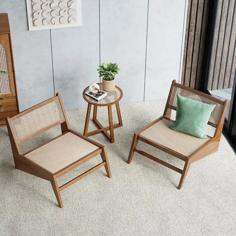 Mid Century Modern Chair Walnut Rattan and Wood Lounge Chairs Armless Accent Chair for Living Room Bedroom, Customized