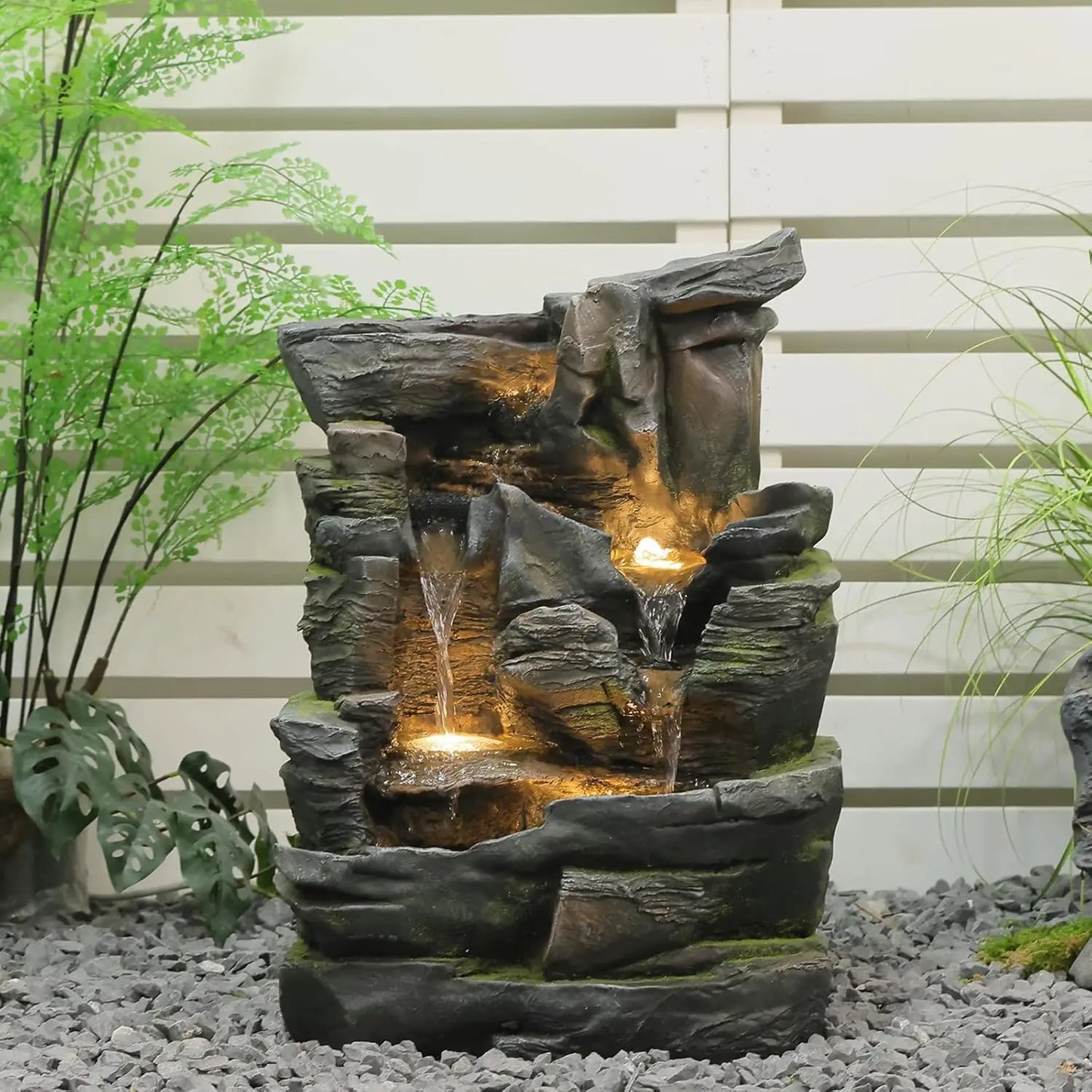 5-Tier Tree Trunk Outdoor Water Fountain LED Garden Decor