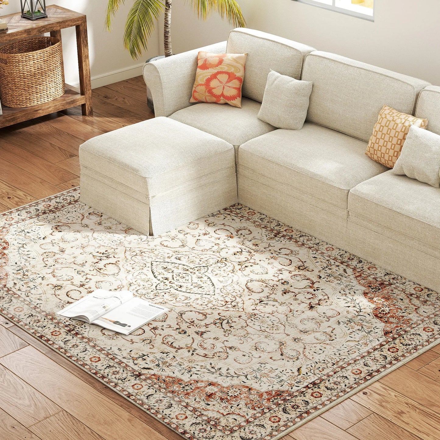 Machine Washable Area Rug, 5x7 Vintage Oriental Medallion Distressed Rugs Soft Printed Floor Mat, Mixed-Brown