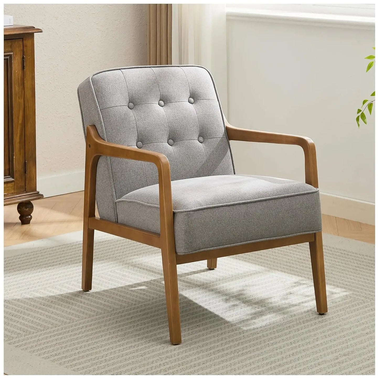 Linen Accent Chair, Mid Century Modern Chair for Living Room, Upholstered Comfy Lounge Armchair with Solid Wood, Customized