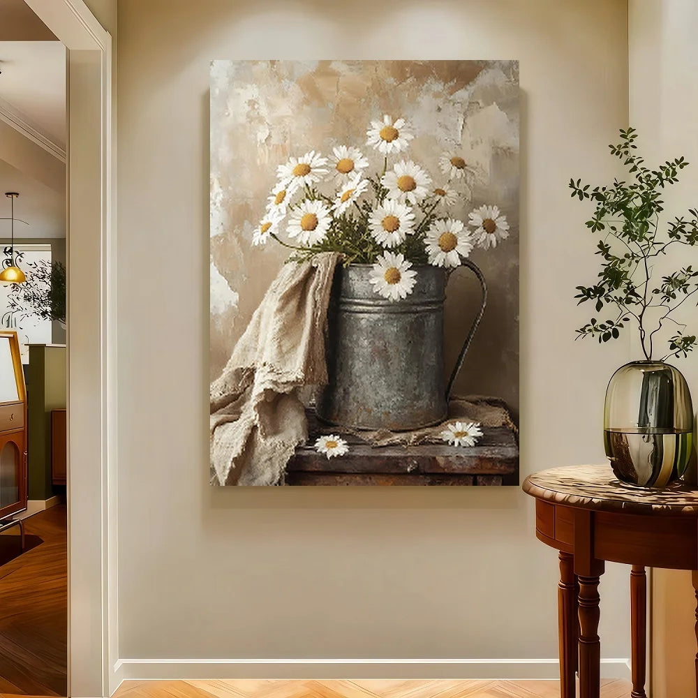 Framed Canvas Print Vintage Daisies In Distressed Metal Can