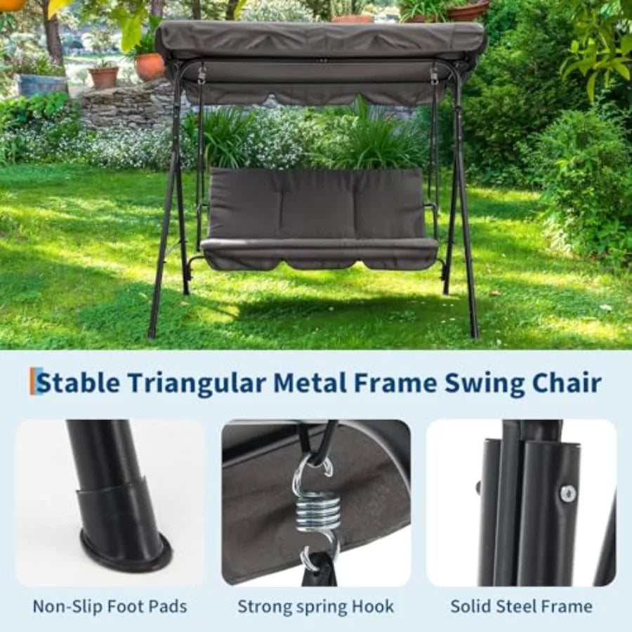 3-Person Outdoor Porch Swing Chair with Adjustable Canopy, Breathable Fabric Seat and Backrest, Armrests, Heavy-Duty Frame, 600