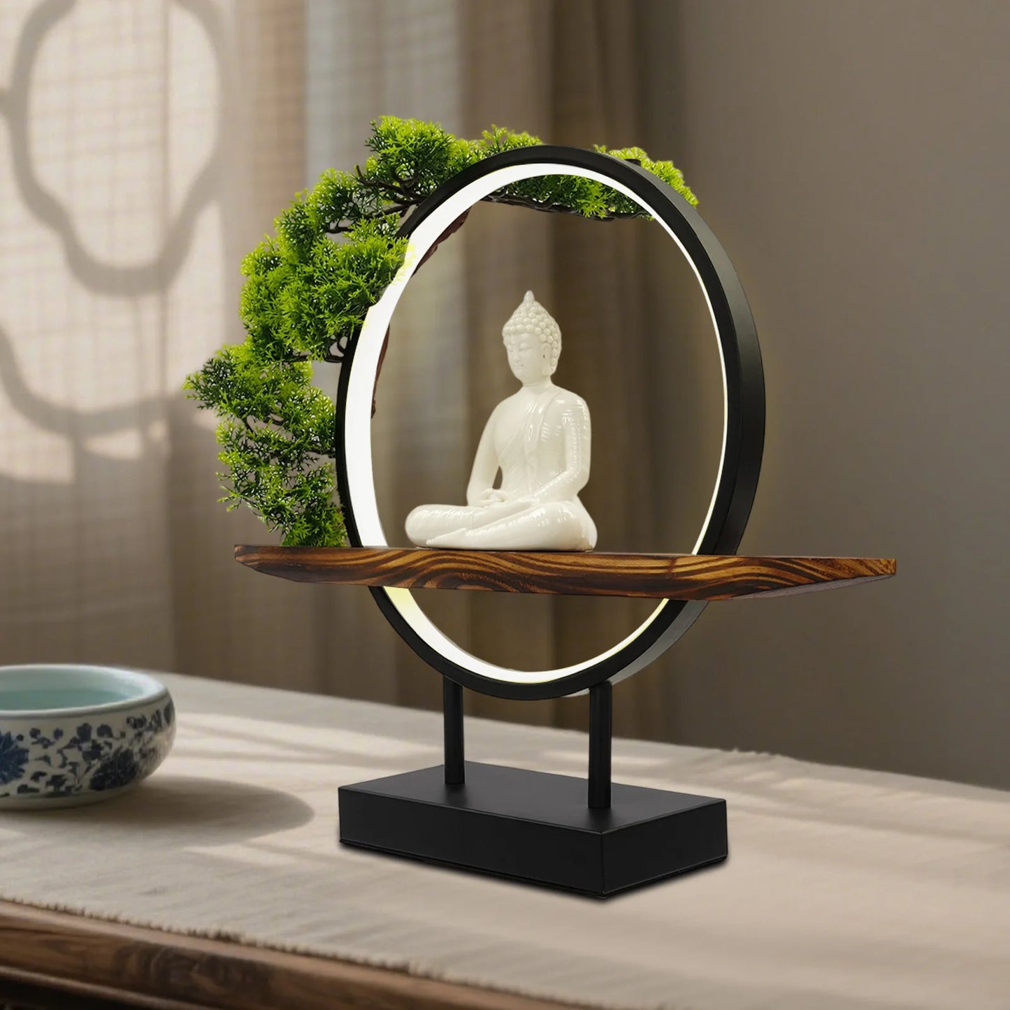 Buddha Indoor Statue Desktop Ornament With LED Circle Lamp
