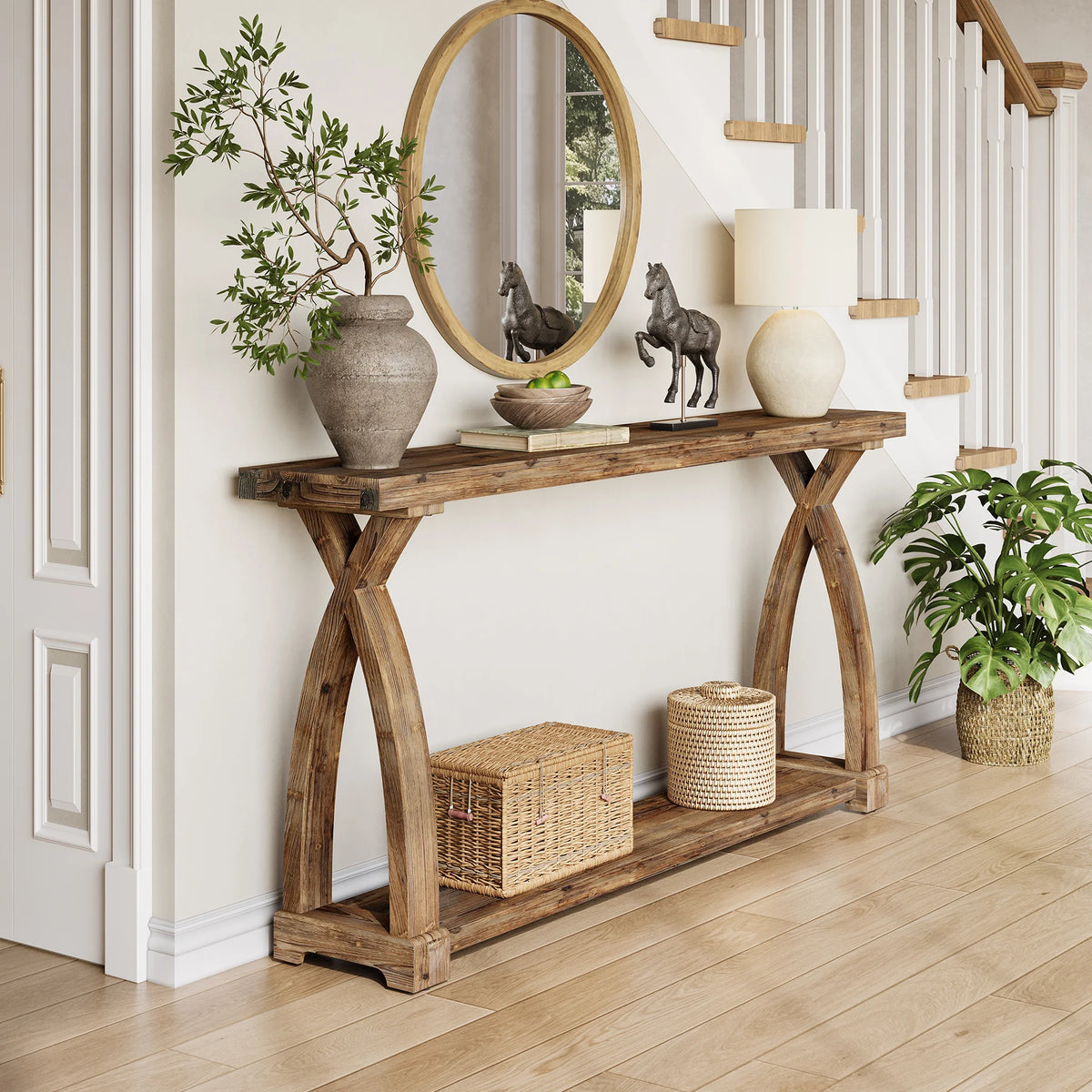 Tribesigns Farmhouse Solid Wood Console Table With Two Tier Storage