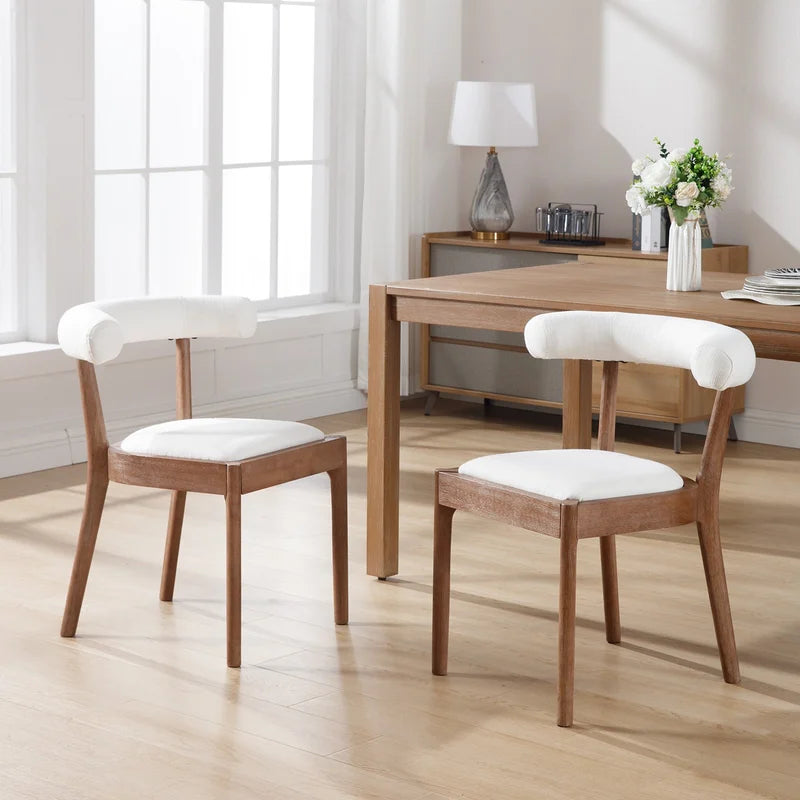 Set of 2 Linen Dining Room Side Chairs with Curved Open Upholstered Back,White