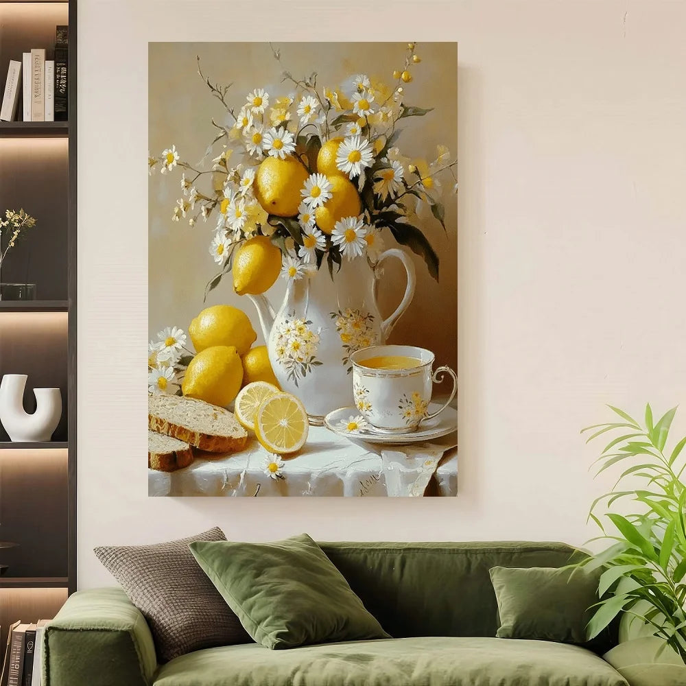 Vintage Framed Floral Wall Art Featuring Lemons and Vase