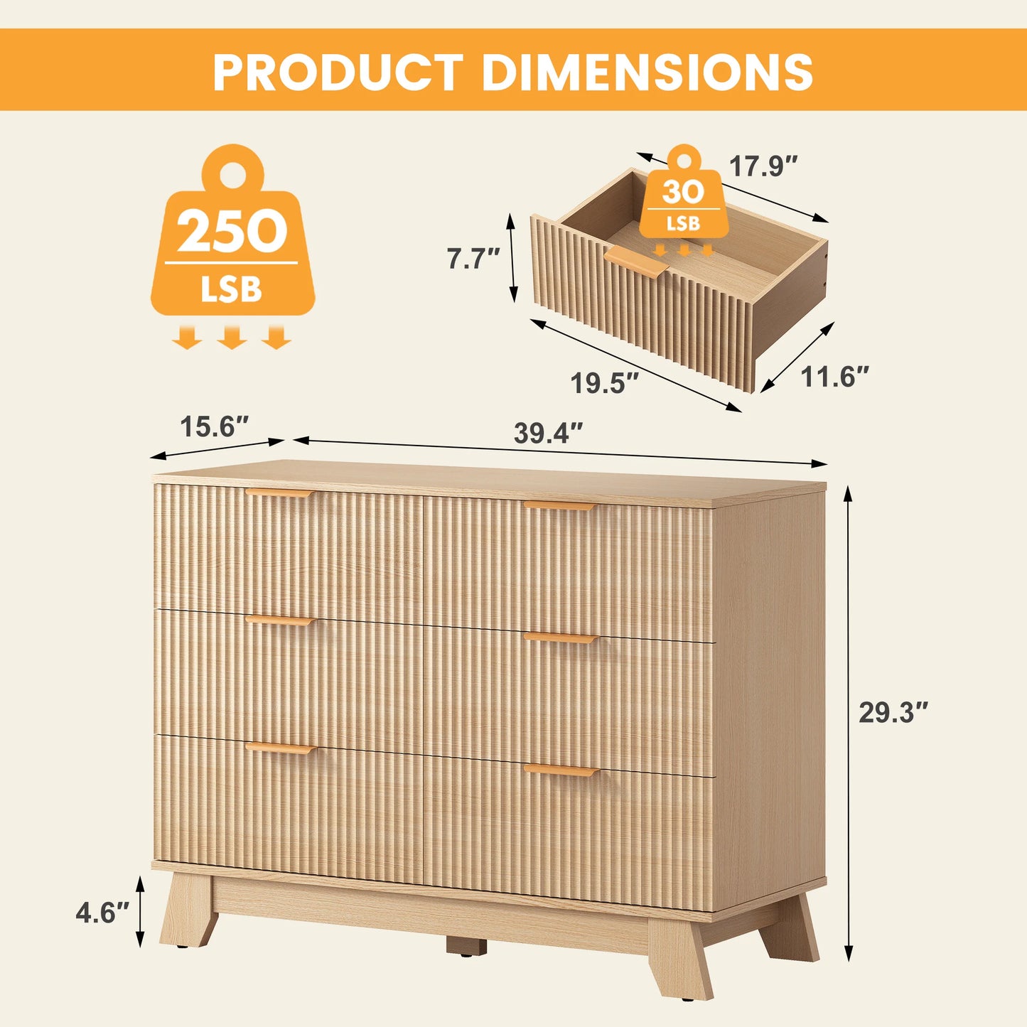 JHK Fluted Wooden 6 Drawer Dresser Cabinet Wide Modern Chest of Drawers with Gold Metal Handles Storage Organizer Unit for Living Room Hallway