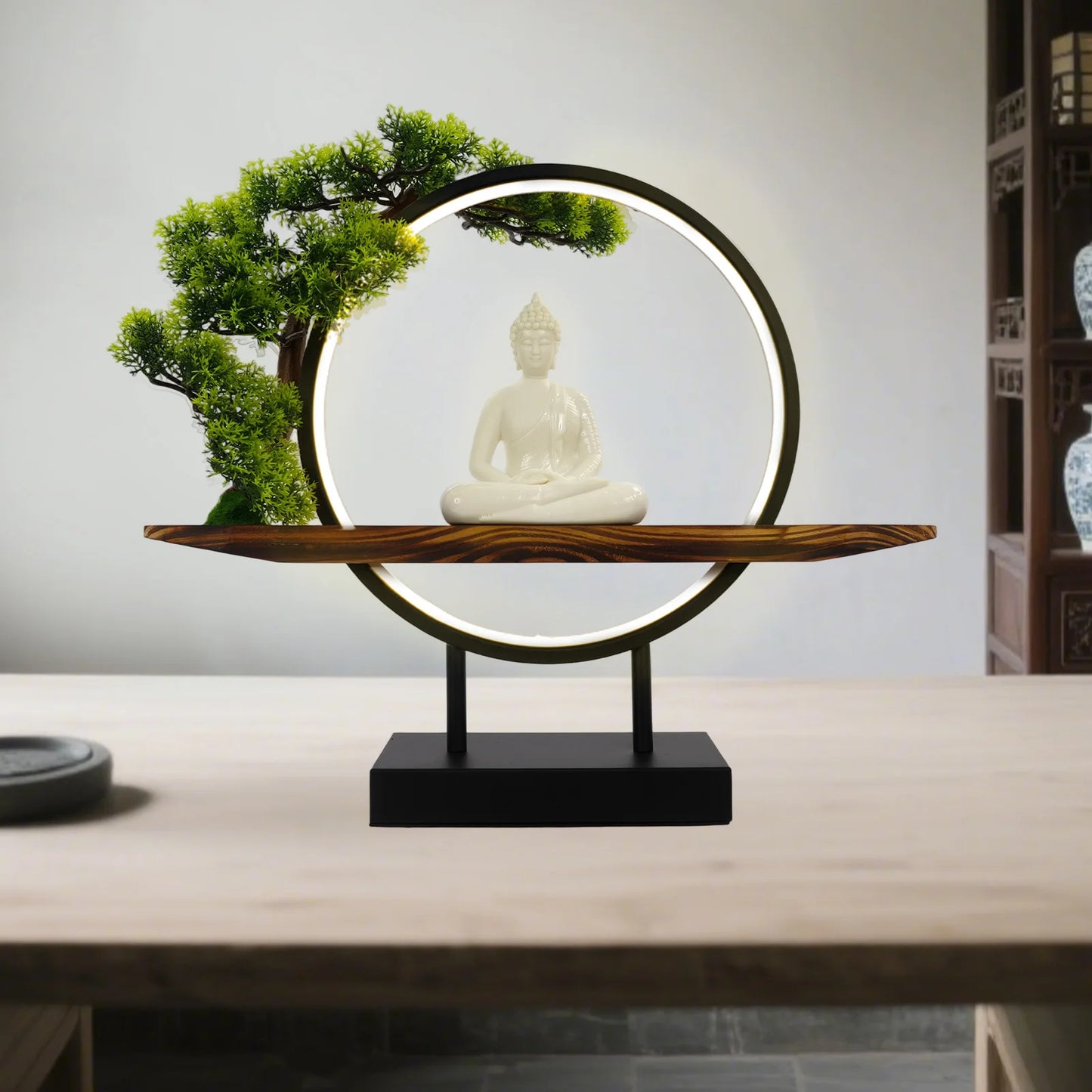 Buddha Indoor Statue Desktop Ornament With LED Circle Lamp
