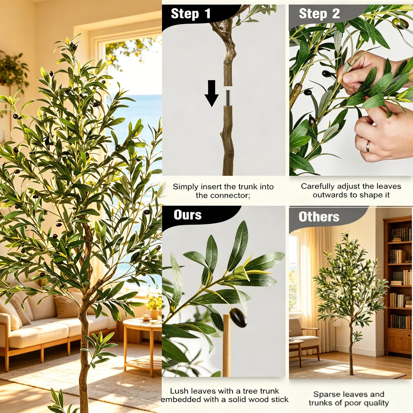 5/6/7/8 Olive Trees Artificial Indoor Faux Olive Tree with Black Pot Artificial Plants with Natural Wood Trunk and Lifelike Fruits for Home Office Decor