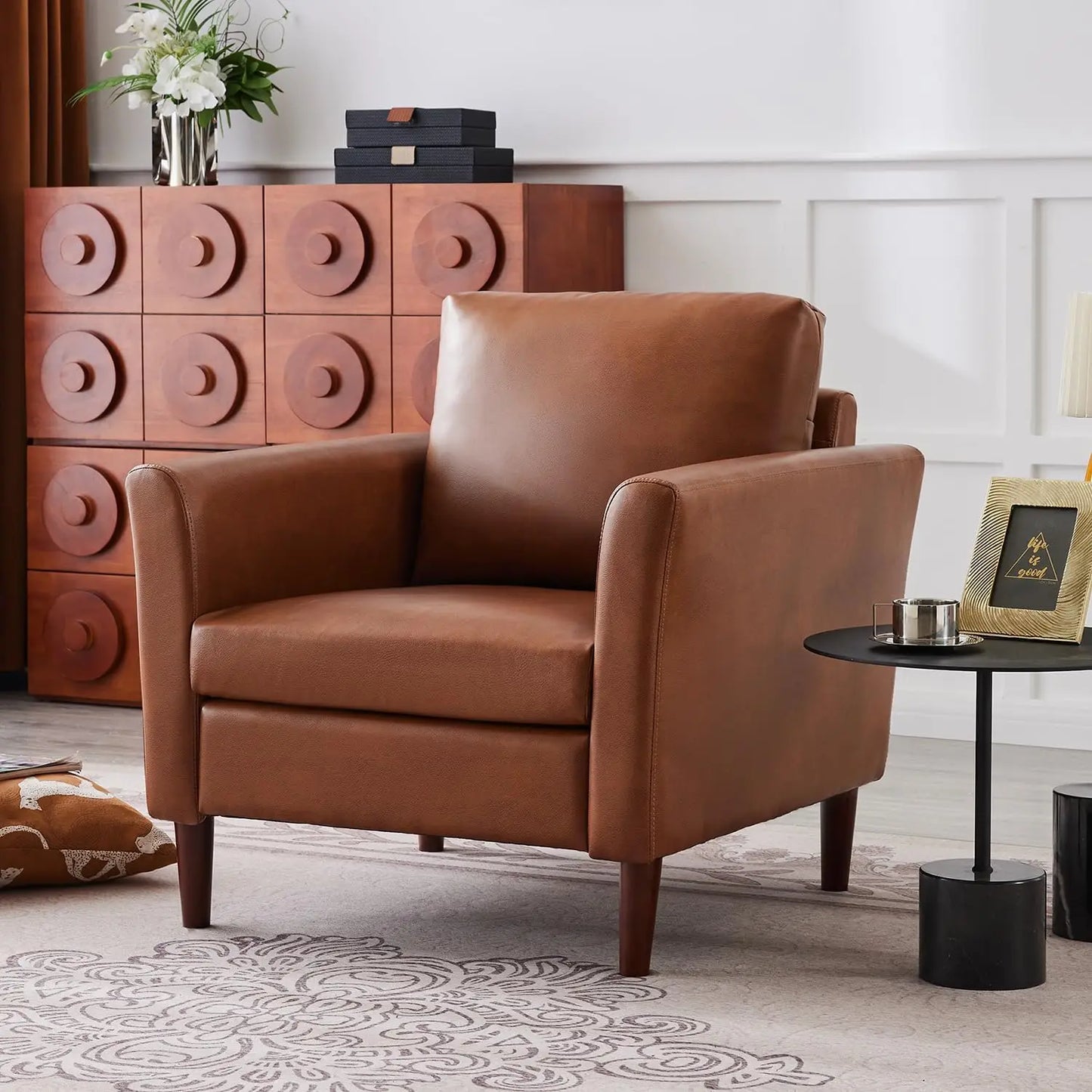 Accent Chair for Living Room, Mid Century Modern Upholstered PU Leather Armchair with Rolled Arms and Deep Seat,, Customized