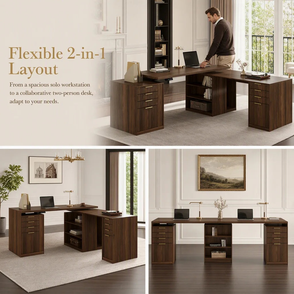 L Shaped Electric Standing Desk, 81'' x 68" Executive Height Adjustable Desk with Drawers and File Cabinet, AC/USB, Fluted Computer Desk with Storage Shelves for Home Office