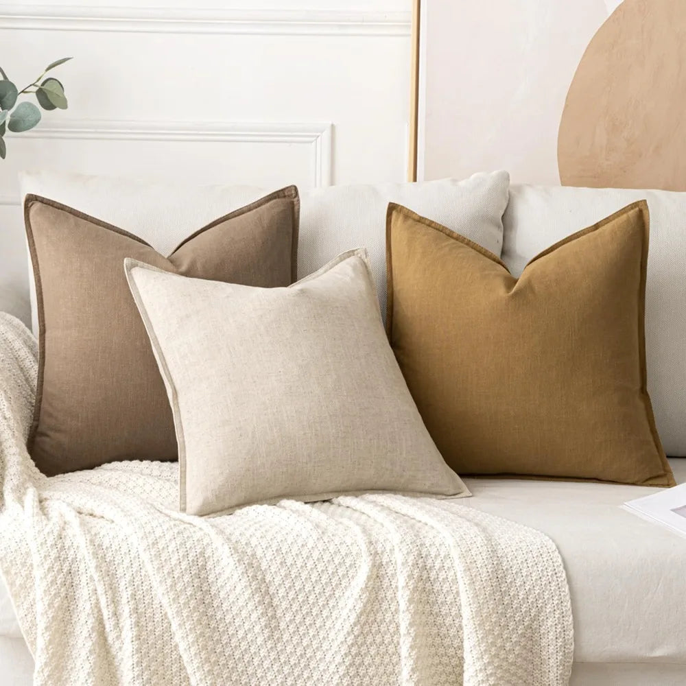 Linen Euro Sham Pillow Covers 24x24, Beige Boho Farmhouse Throw Pillows for Couch, Pack of 2