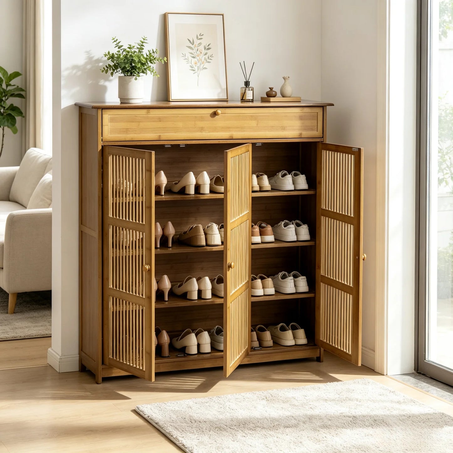 4 Tier Shelves Shoe Storage Cabinet Shoes Rack with 3 Hollow Doors Shoe Organizer Cabinet for Entryway Closet Hallway