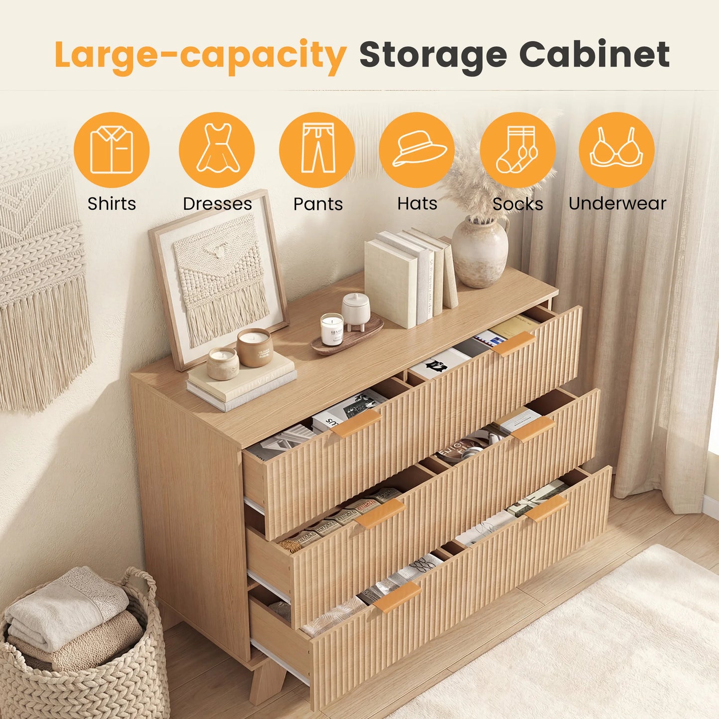 JHK Fluted Wooden 6 Drawer Dresser Cabinet Wide Modern Chest of Drawers with Gold Metal Handles Storage Organizer Unit for Living Room Hallway