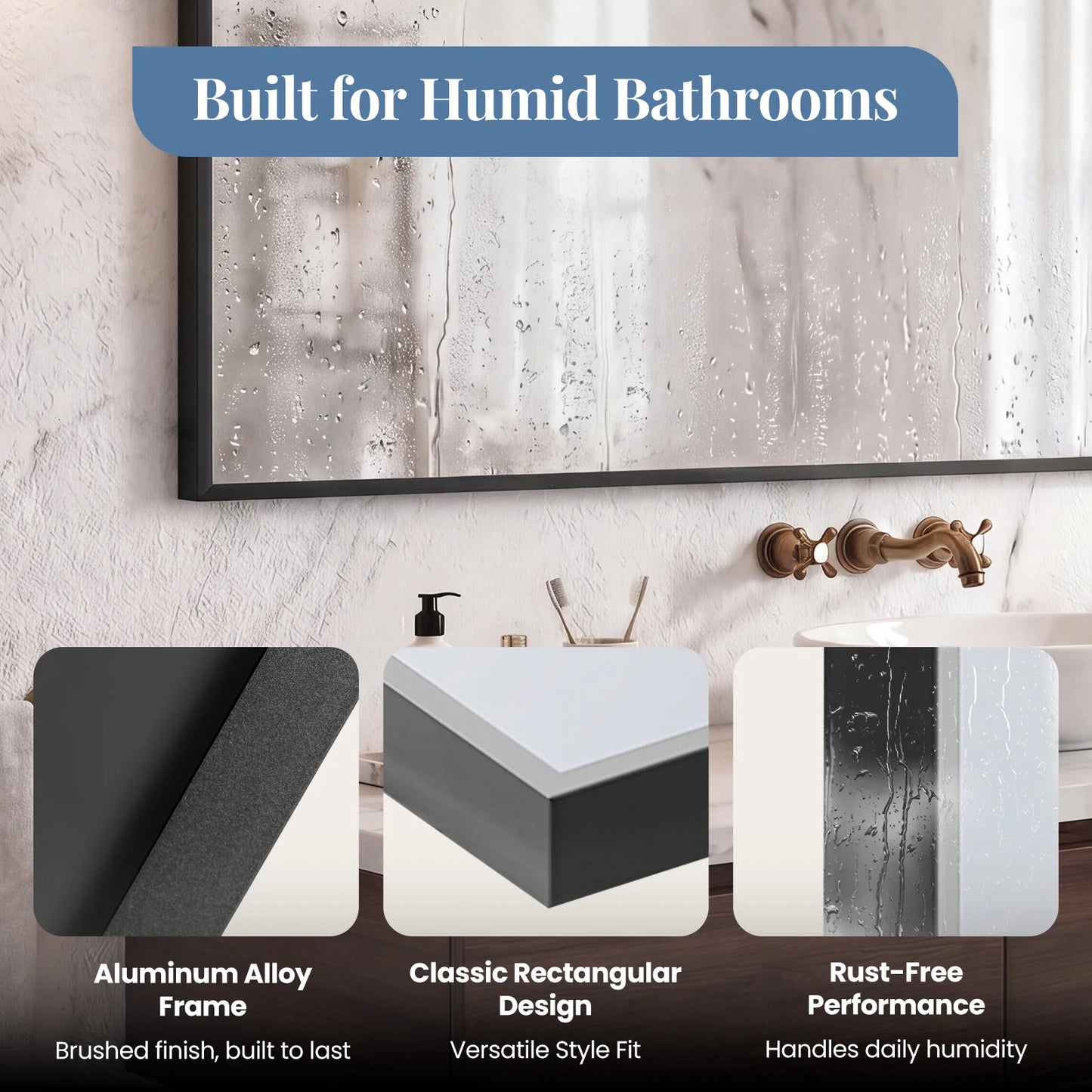 JHK Rectangle Wall Mount Mirrors with Metal Frame Bathroom Mirror for Over Sink Modern Vanity Mirror with Tempered Glass for Home Decor Anti-Rust