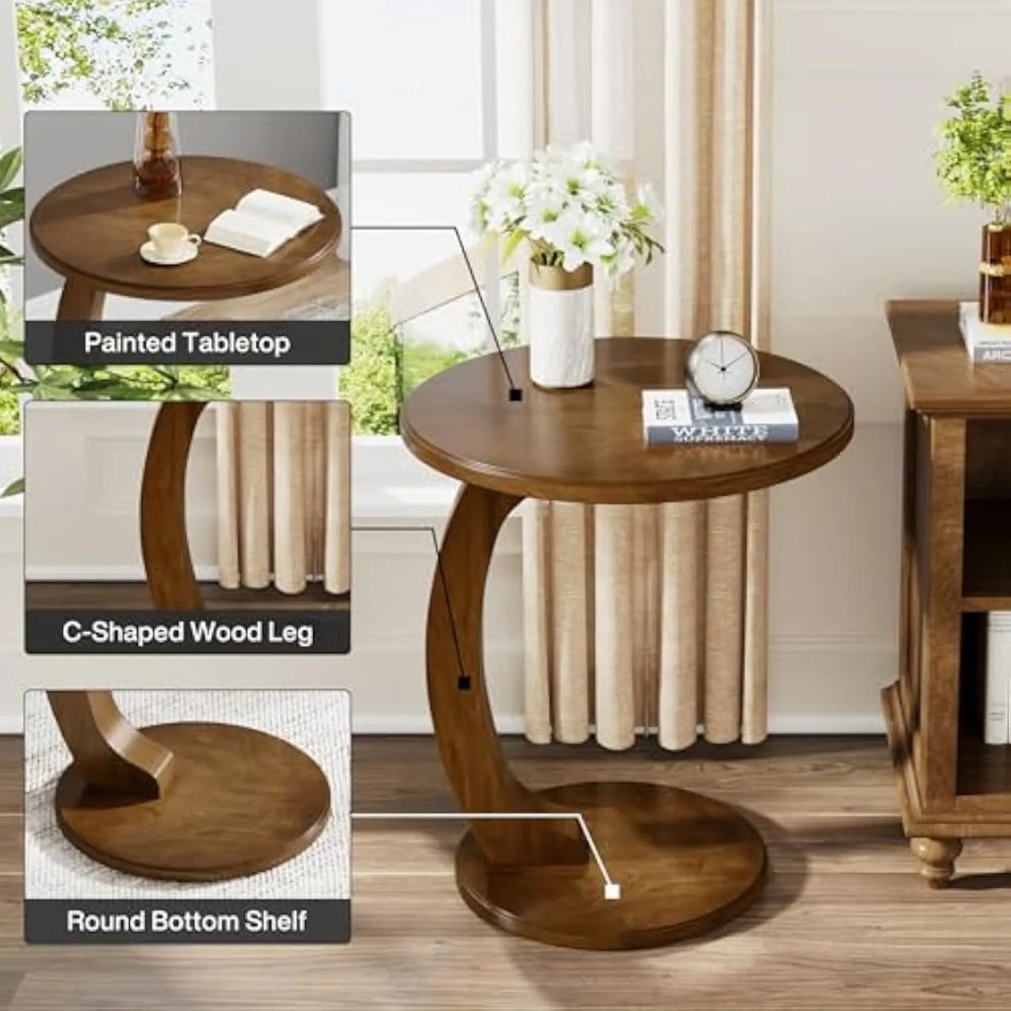 Round End/Side Table, Wooden C-Shaped End Table, Mid-Century End Table, Boho Side Table for Living Room & Bedroom