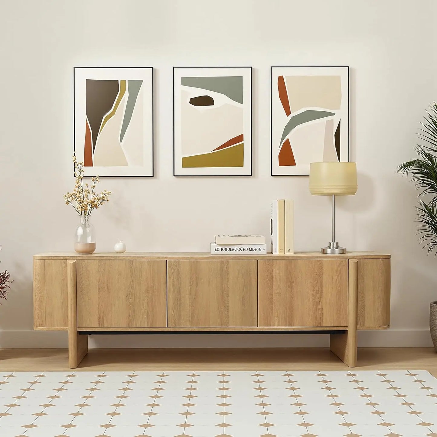 Oak TV Stand Media Console With Low Profile Storage
