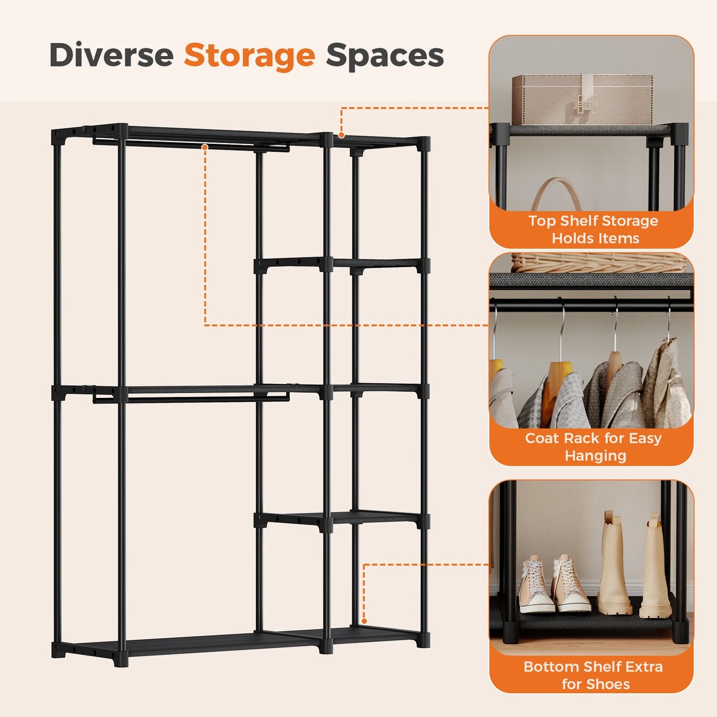 JHK 44IN to 49IN Portable Wardrobe Closet with Hanging Rods Clothing Rack with Shelves Mudroom Storage Organizer For Home