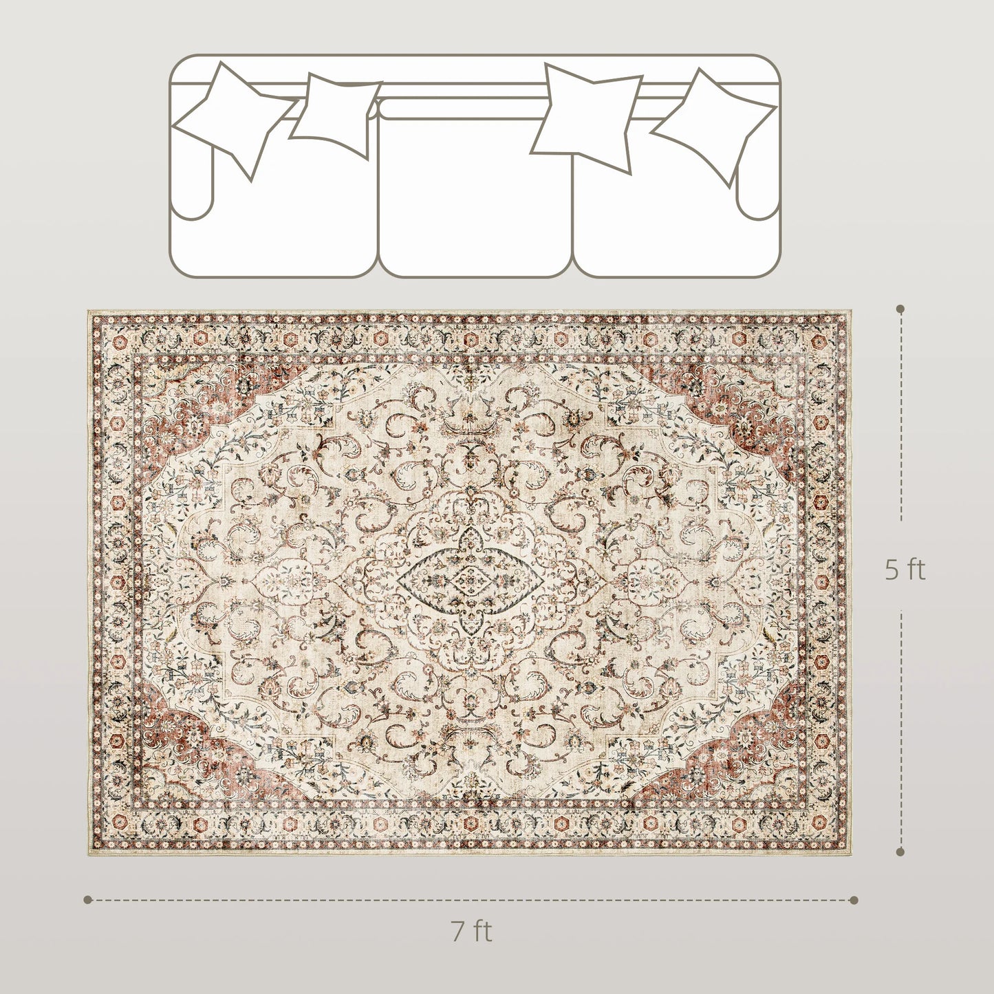 Machine Washable Area Rug, 5x7 Vintage Oriental Medallion Distressed Rugs Soft Printed Floor Mat, Mixed-Brown