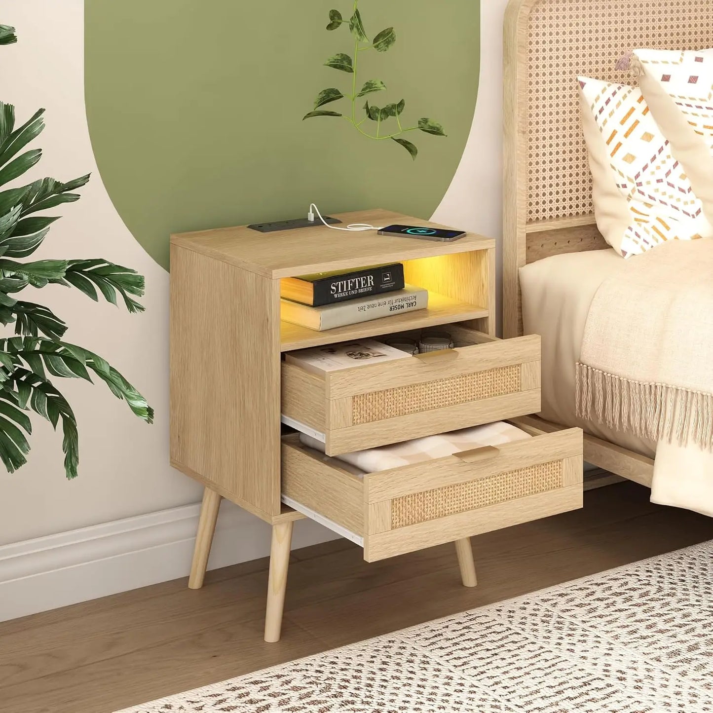 Real Rattan Nightstands Set of 2 with Charging Station and Led Lights, End Tables with 2 Drawers and Solid Wood, Customized
