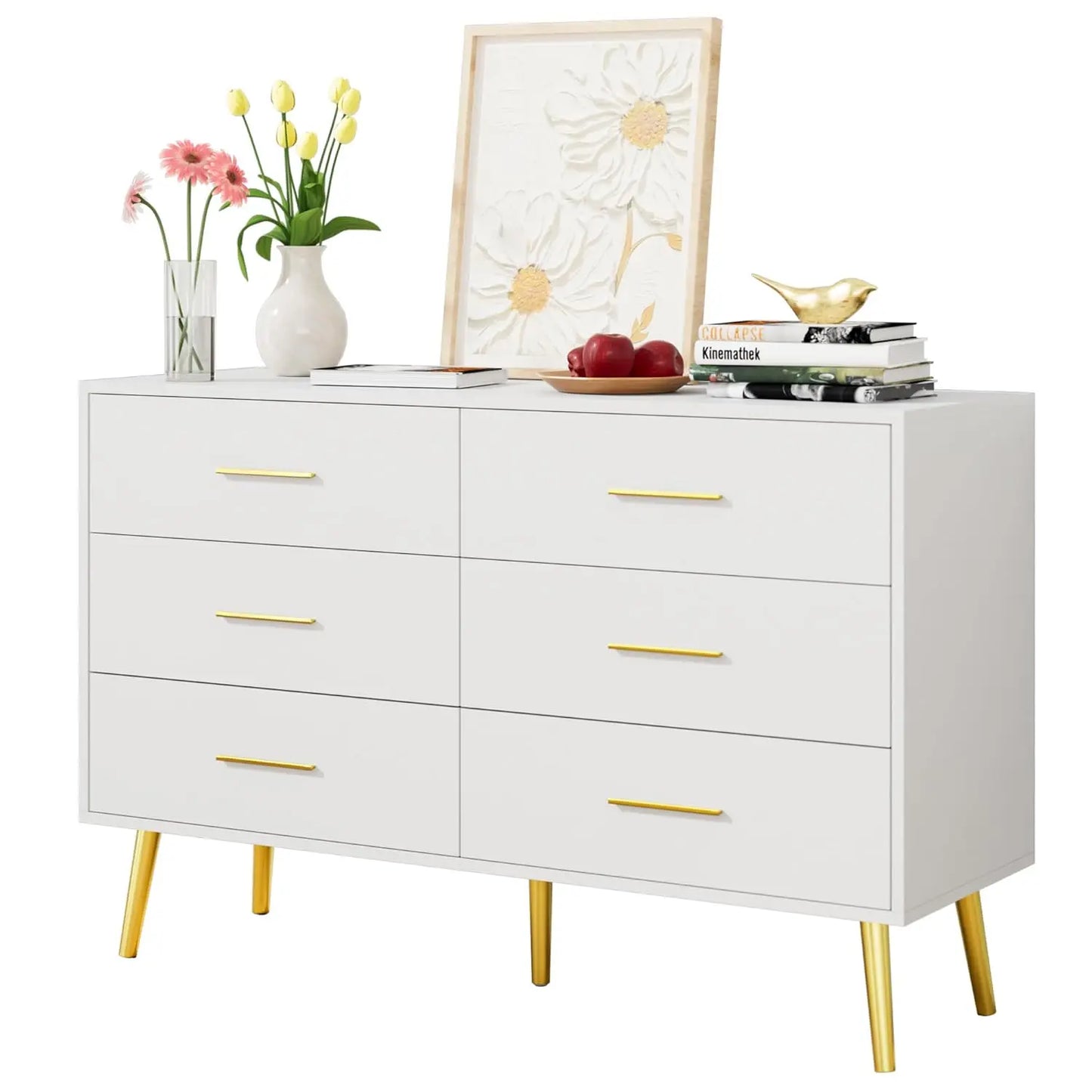 White 6 Drawer Dresser with Gold Handles Wooden Storage Chest for Bedroom Living Room Hallway,Customized