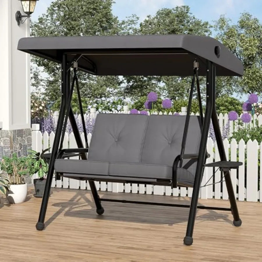 2 Seat Outdoor Porch Swing, 2-in-1 Patio Swing Chair with Thickened Removable Cushions, Adjustable Canopy ＆ Cup Holders, Outdoo