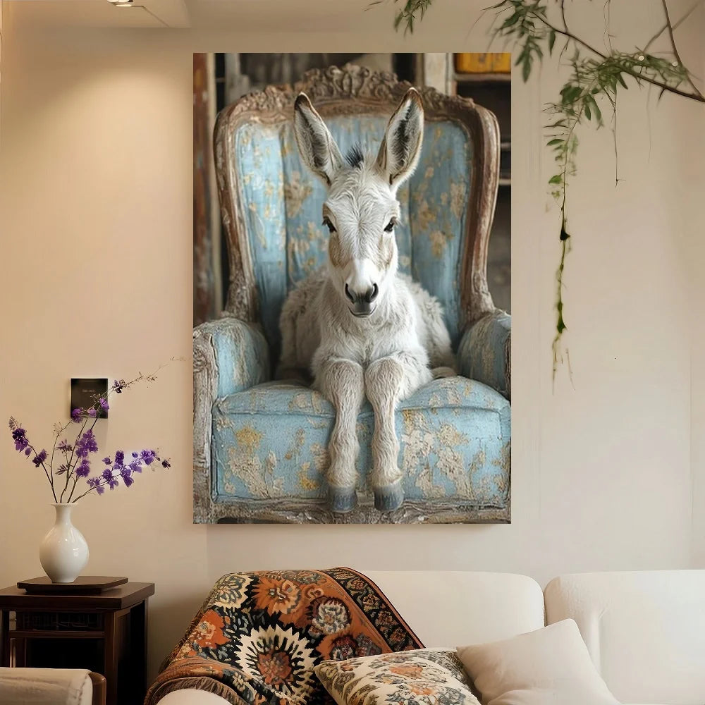 Framed 1pc, With A Frame Measuring , Featuring A Charming Donkey Resting On A Blue Chair, Whimsical Farmhouse Animal Canvas Art