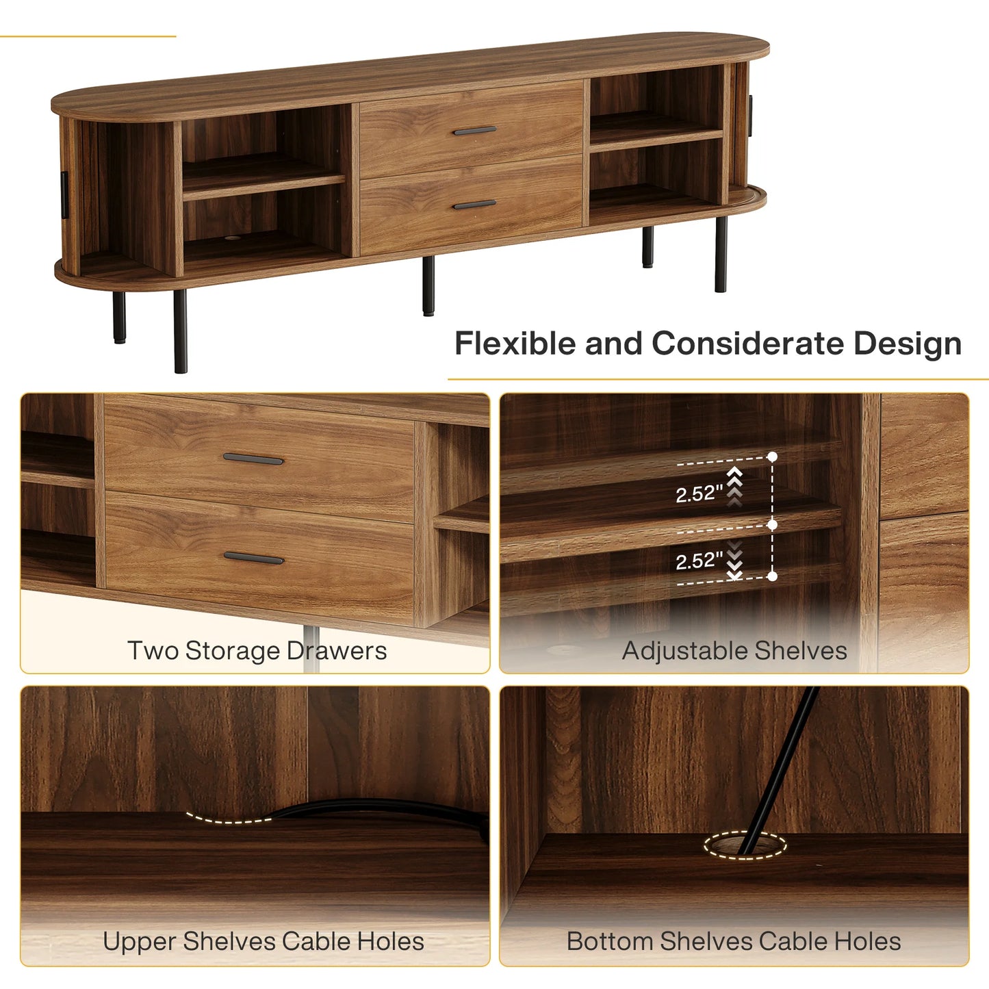 Tribesigns 70" Mid-Century Modern TV Stand with Sliding Tambour Door, Drawers and Adjustable Shelves, Long Fluted Entertainment