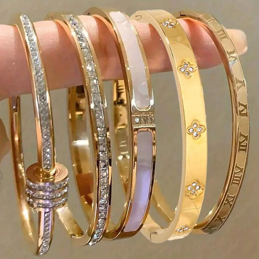 Sparkling Zirconia Inlaid Stainless Steel Bracelet Set For Women