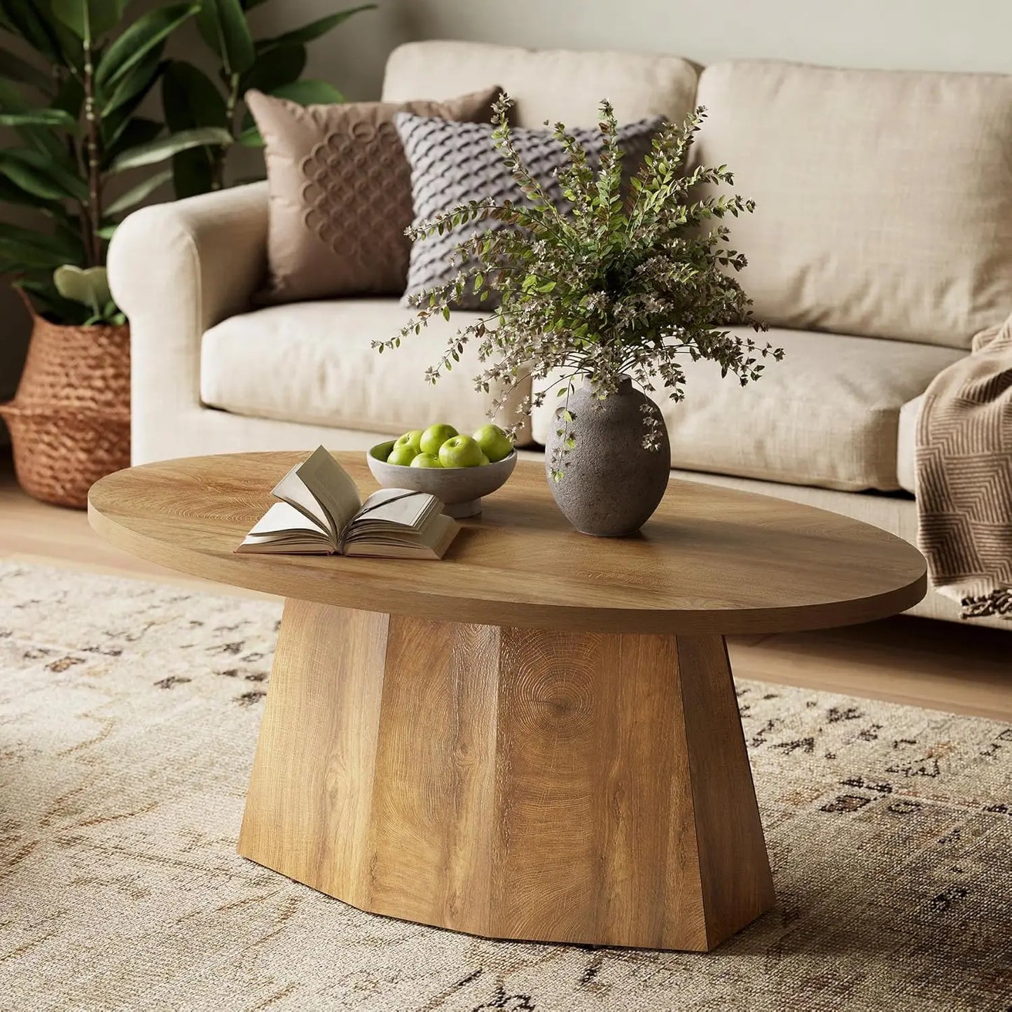 Oval Coffee Table, 47-Inch Living Room Table with Polygonal Pedestal, Modern Center Accent Furniture,Easy Assembly, Yellowish Brown