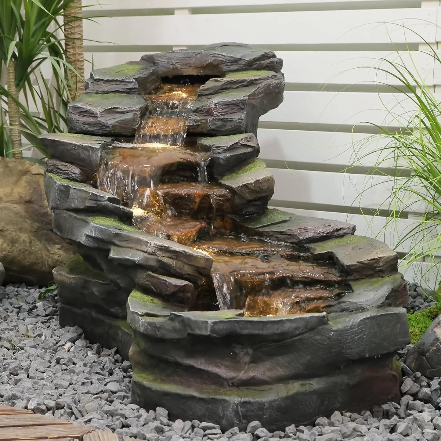 5-Tier Tree Trunk Outdoor Water Fountain LED Garden Decor