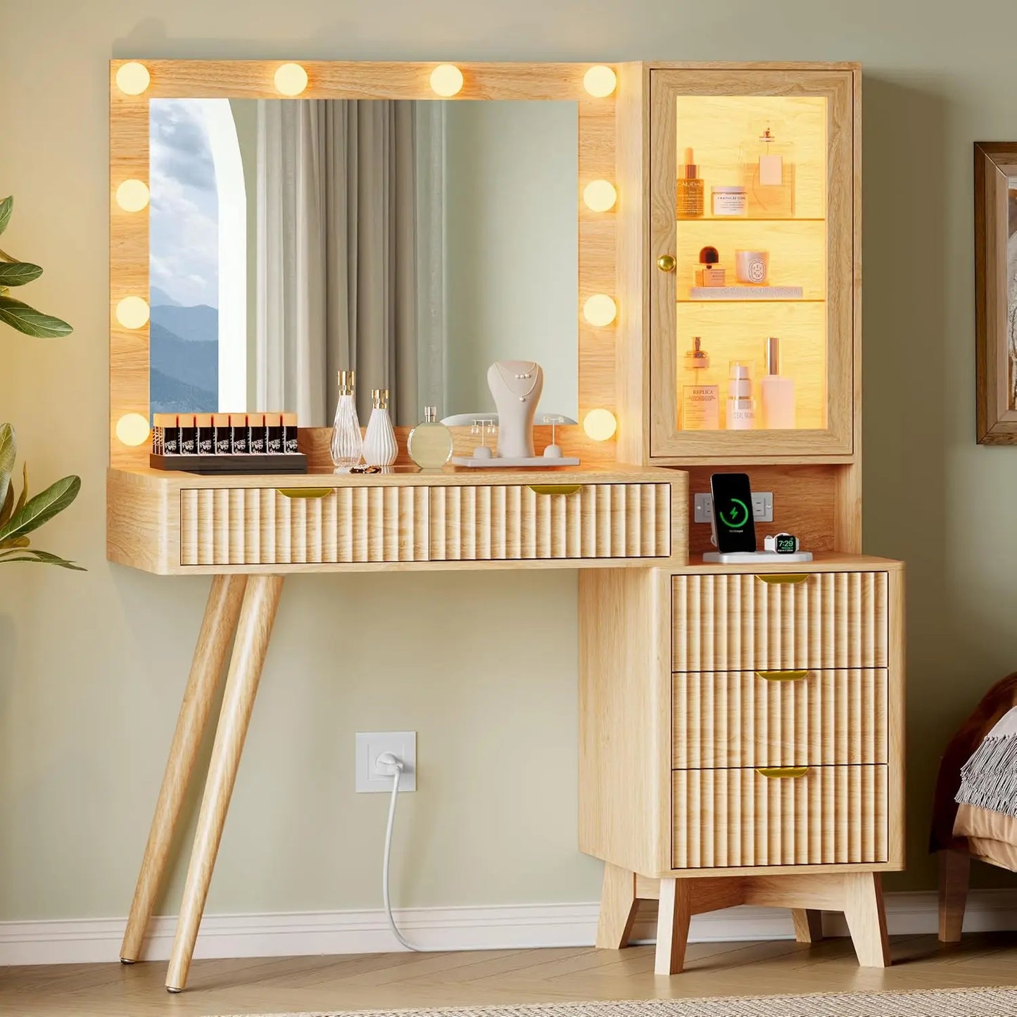 Fluted Vanity Desk with Mirror and Lights, 45" Glass Top Makeup Table Set with 5 Drawers, Power Outlet & Storage, Customized