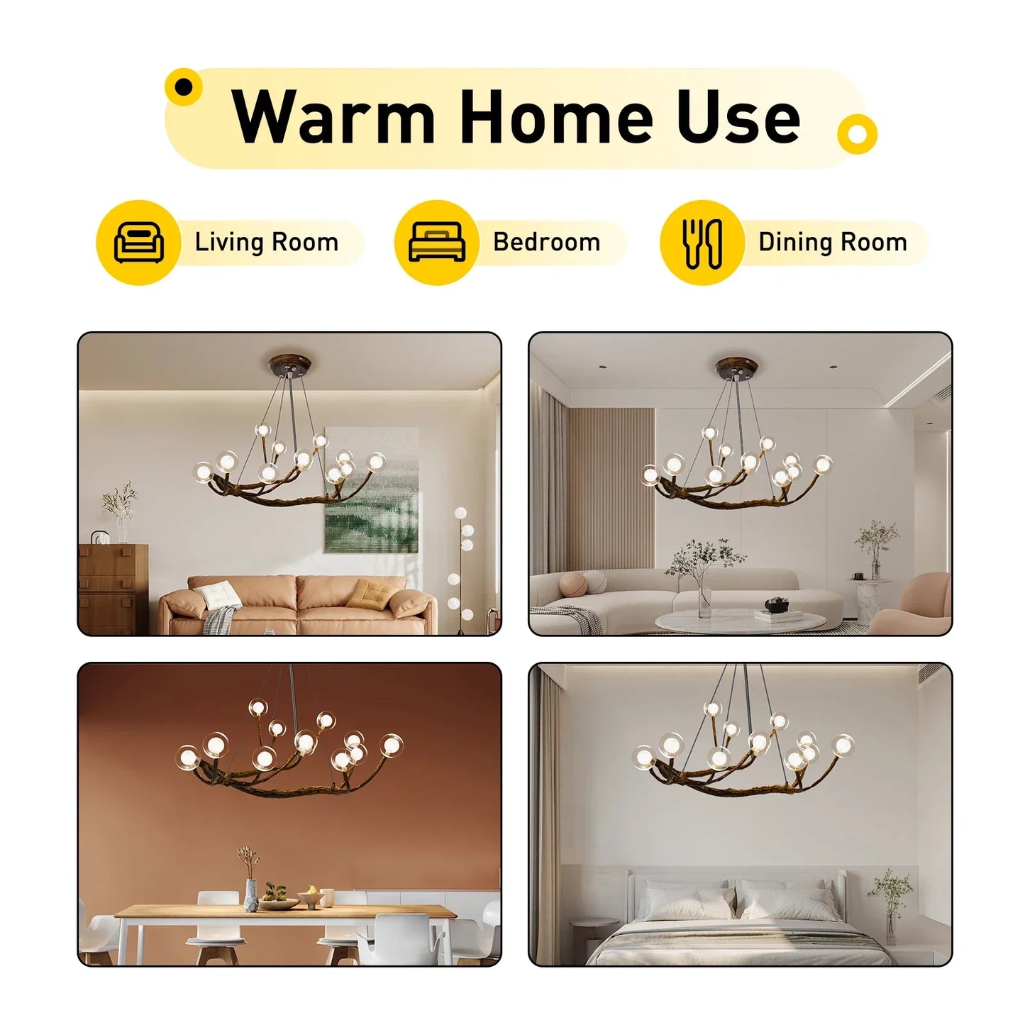 12-Light Modern Branch Chandelier, Farmhouse-Style LED Ceiling Light with Adjustable Chain, Warm White Glass Shades for Dining R