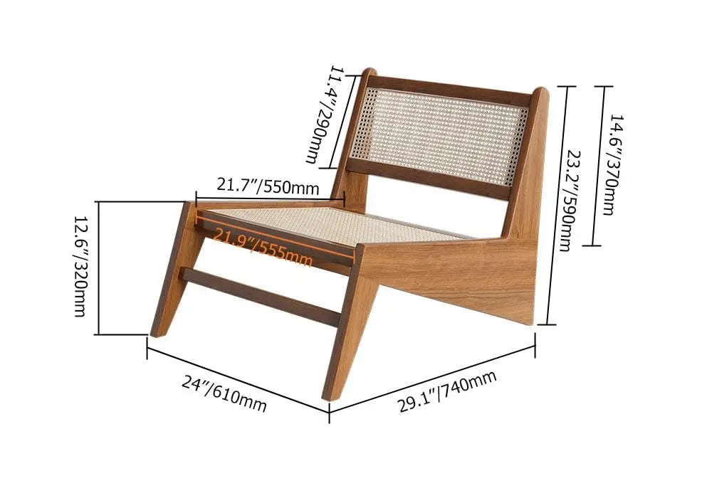 Mid Century Modern Chair Walnut Rattan and Wood Lounge Chairs Armless Accent Chair for Living Room Bedroom, Customized