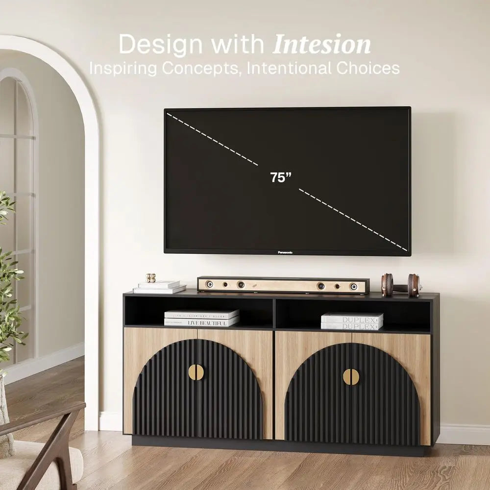 Fluted TV Stand With Storage Cabinets And Open Shelves