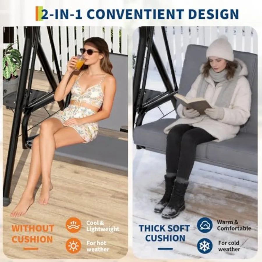 2 Seat Outdoor Porch Swing, 2-in-1 Patio Swing Chair with Thickened Removable Cushions, Adjustable Canopy ＆ Cup Holders, Outdoo