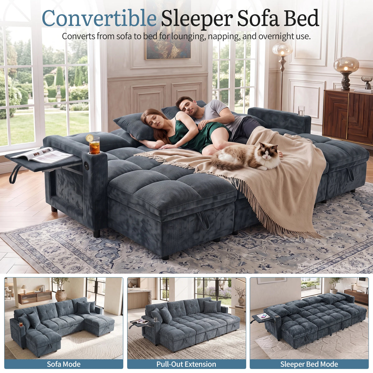 Convertible U-Shaped Sleeper Sofa, 107.8" 2-in-1 Pull Out Bed Sectional with Double Storage Chaise, Charging Station and Cup Holders, Chenille Fabric Couch for Living Room, Blue
