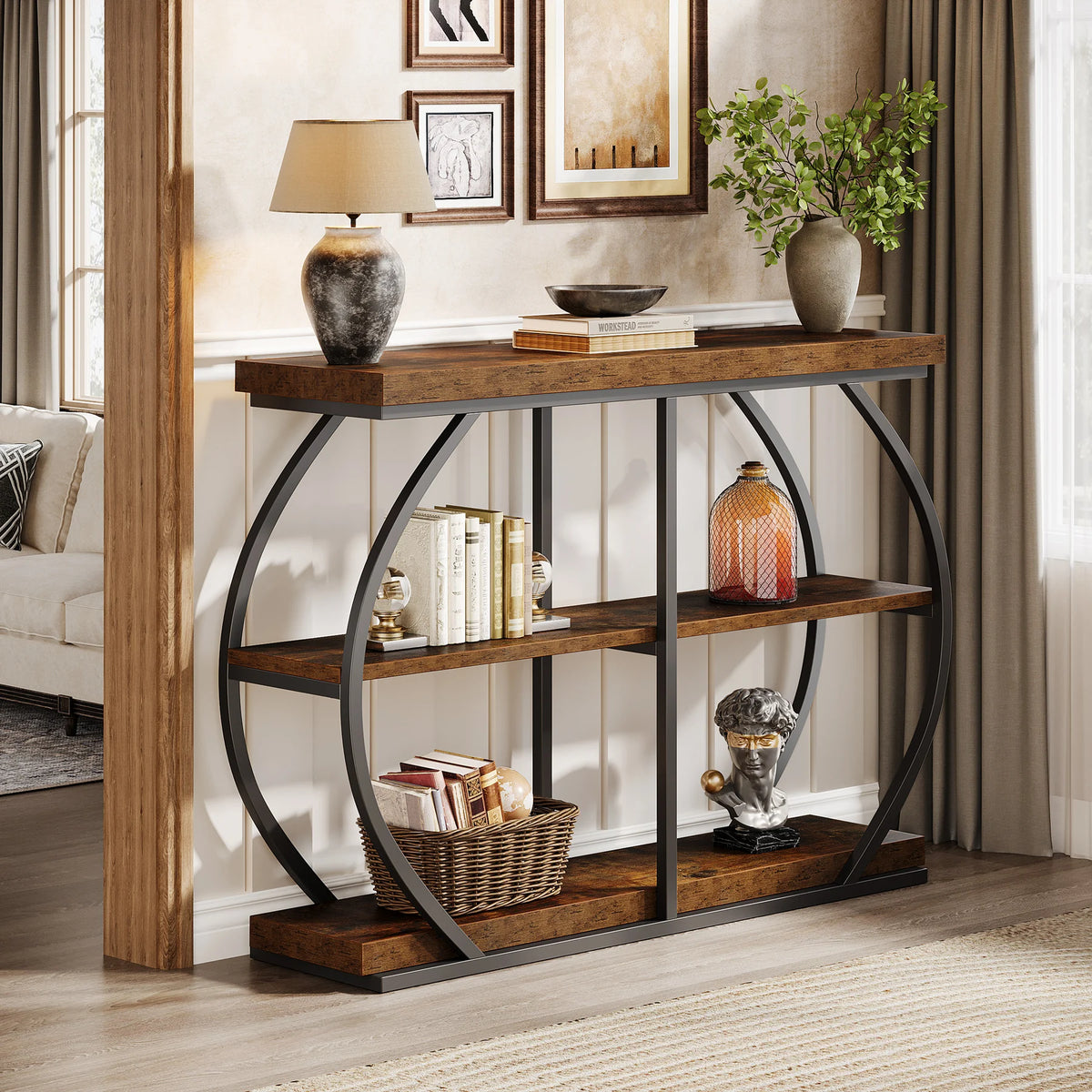 Tribesigns Industrial Console Table with Three Tier Storage Shelves
