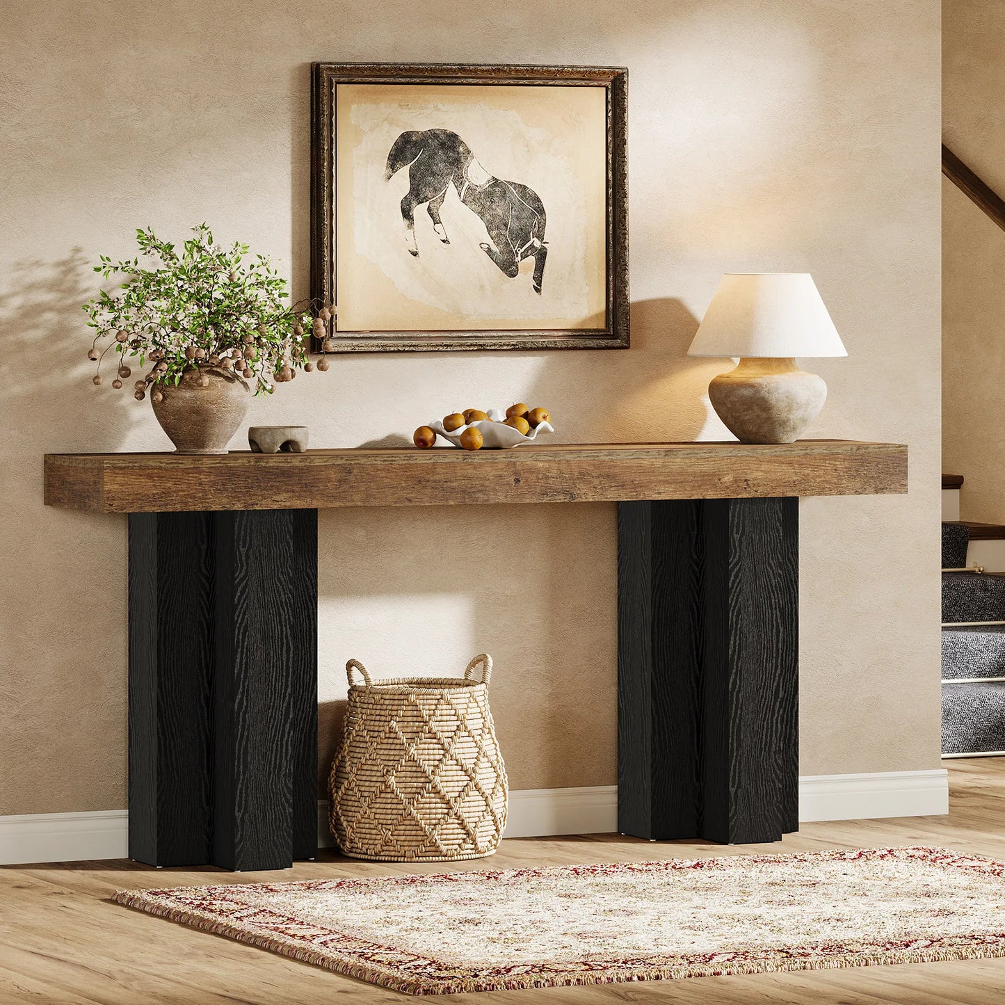 Tribesigns 63-Inch Console Table for Entryway, Farmhouse Entryway Table with Sturdy Legs, Narrow Long Sofa Console Behind Couch for Living Room, Hallway, Foyer, Rustic Brown and Black