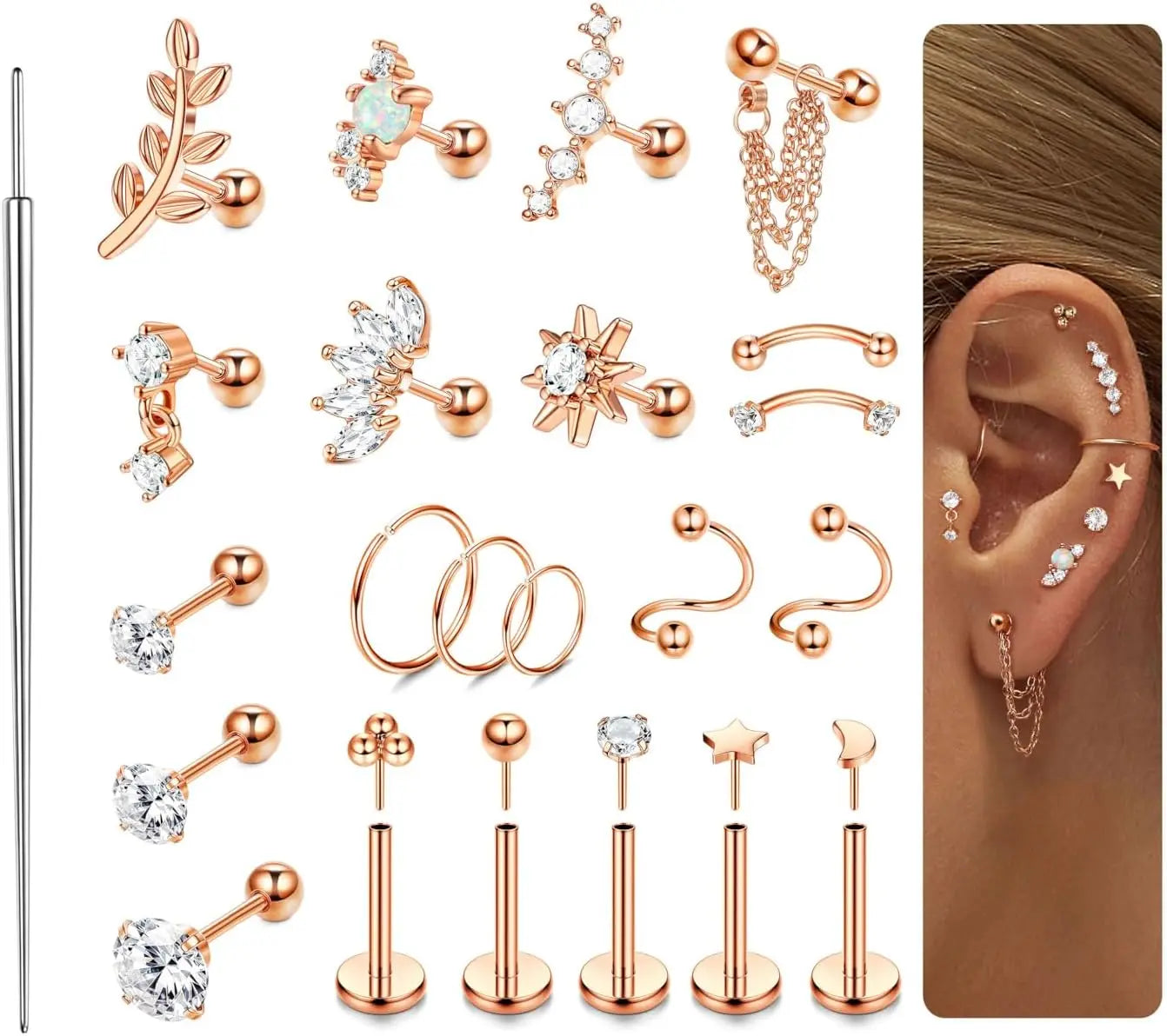 22Pcs 16G Cartilage Earrings for Women-Surgical Stainless Steel Earring Set Flat Back Earrings Nose Studs Helix Piercing Jewelry