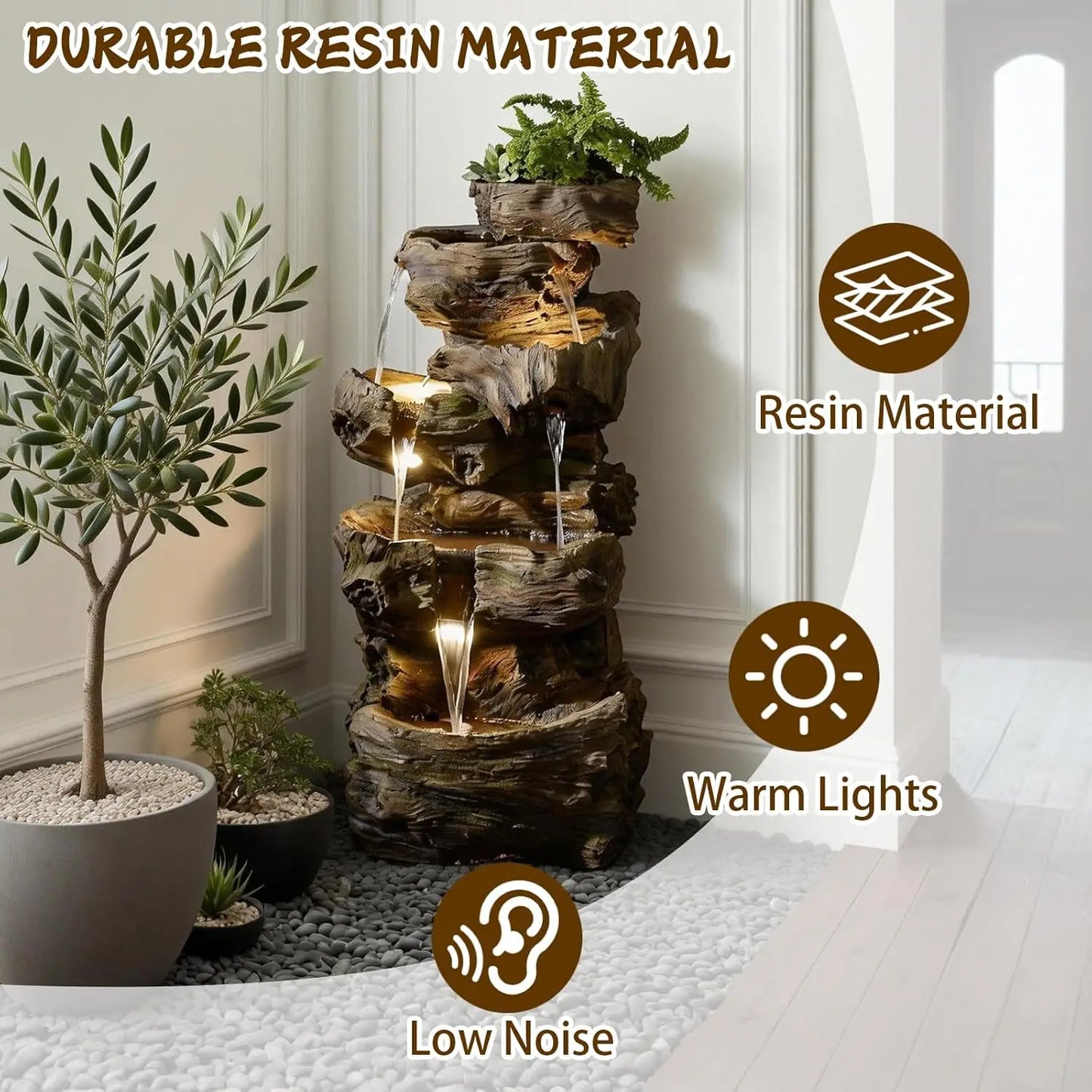 5-Tier Tree Trunk Outdoor Water Fountain LED Garden Decor